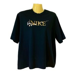 Nike Tee Shirt Top Animal Print Swoosh Athleisure Activewear Black Gold Large